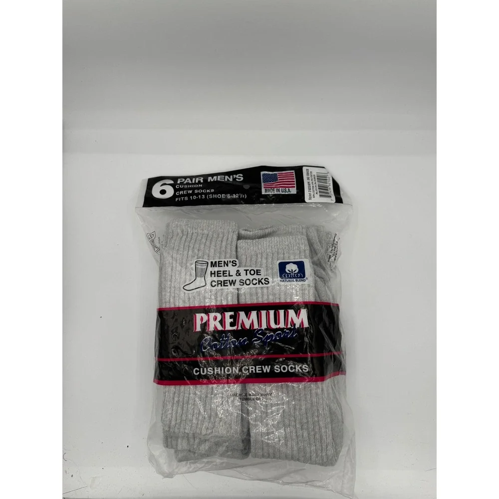 6 Pair Mens Premium Cotton Sport Cushion Crew Socks Gray Made in USA Size 10-13